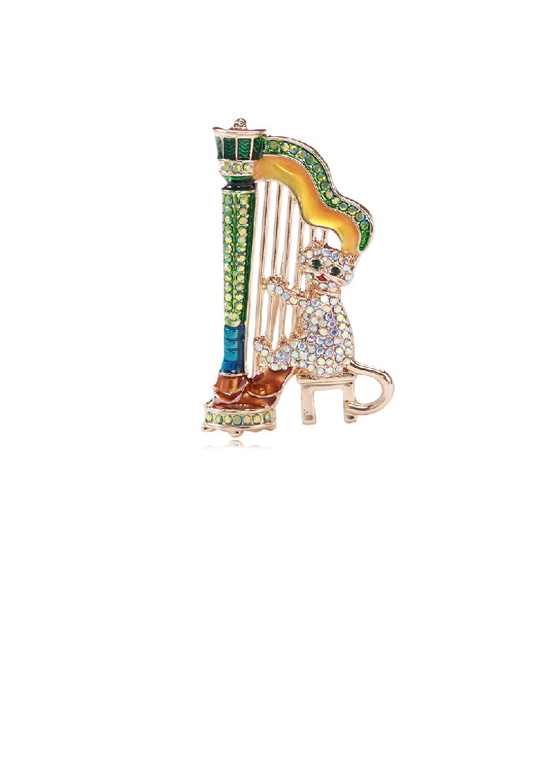 Fashion Creative Plated Gold Harp Cat Brooch with Cubic Zirconia - Luxurious Look