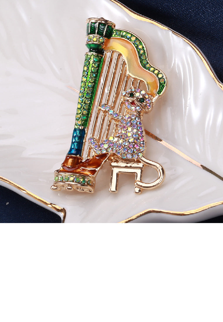 Fashion Creative Plated Gold Harp Cat Brooch with Cubic Zirconia - Luxurious Look