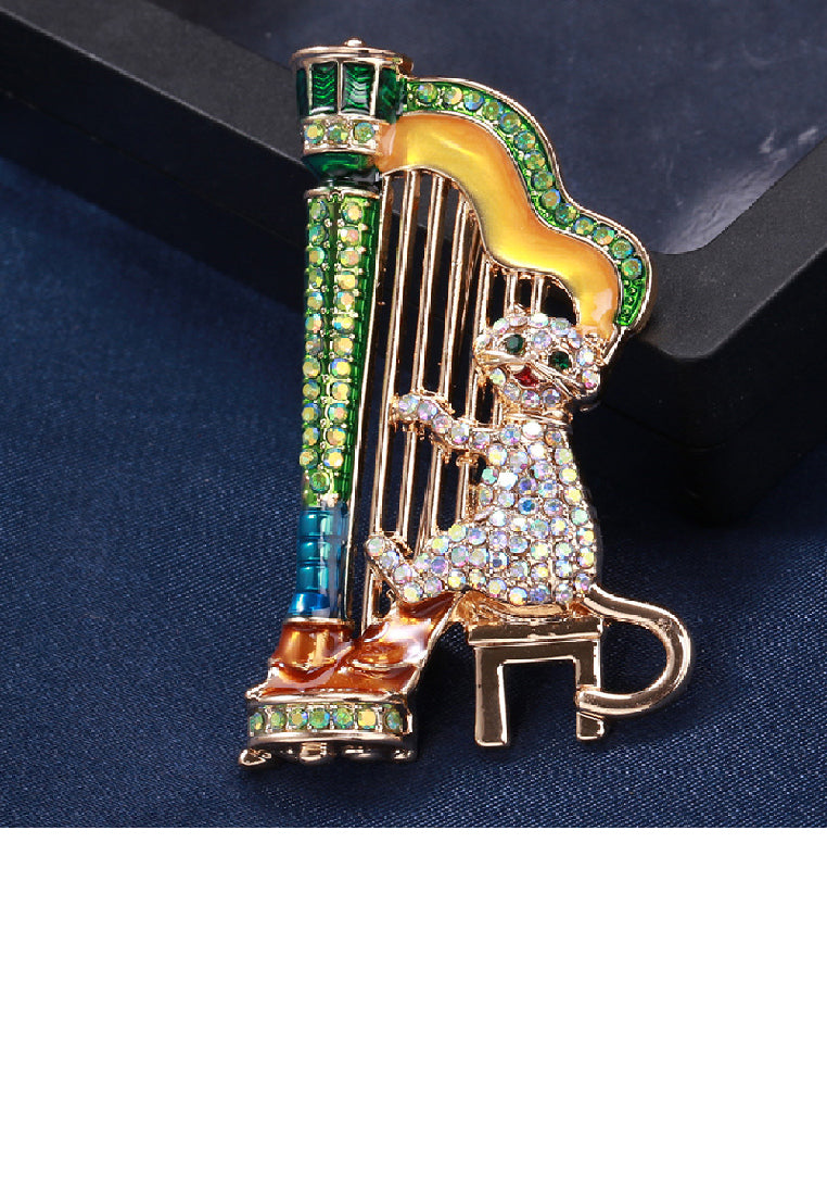 Fashion Creative Plated Gold Harp Cat Brooch with Cubic Zirconia - Luxurious Look