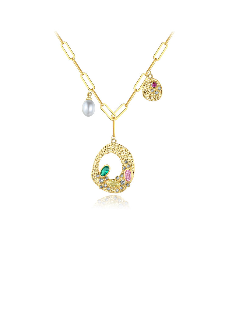 Fashion and Elegant Plated Gold Hollow Geometric Imitation Pearl Pendant with Colorful Cubic Zirconia and Necklace - Luxurious Look