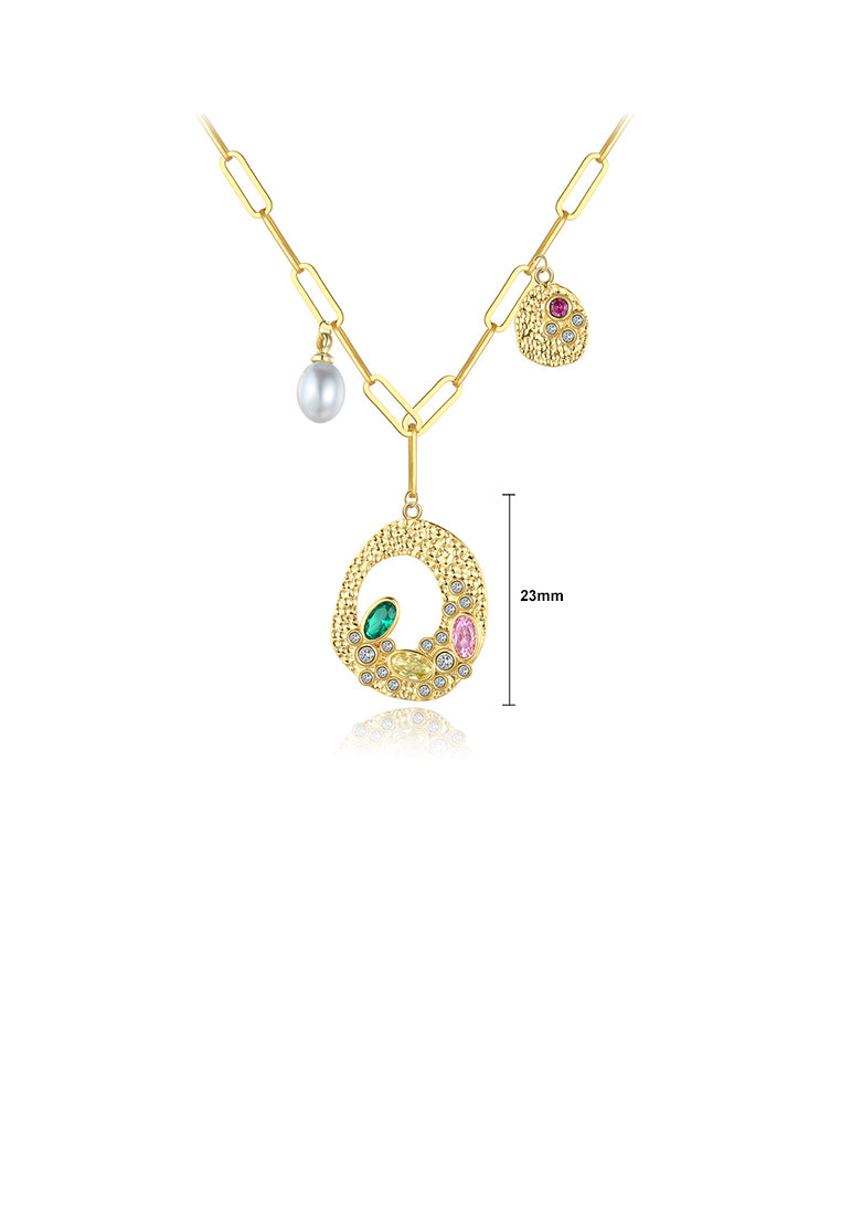 Fashion and Elegant Plated Gold Hollow Geometric Imitation Pearl Pendant with Colorful Cubic Zirconia and Necklace - Luxurious Look