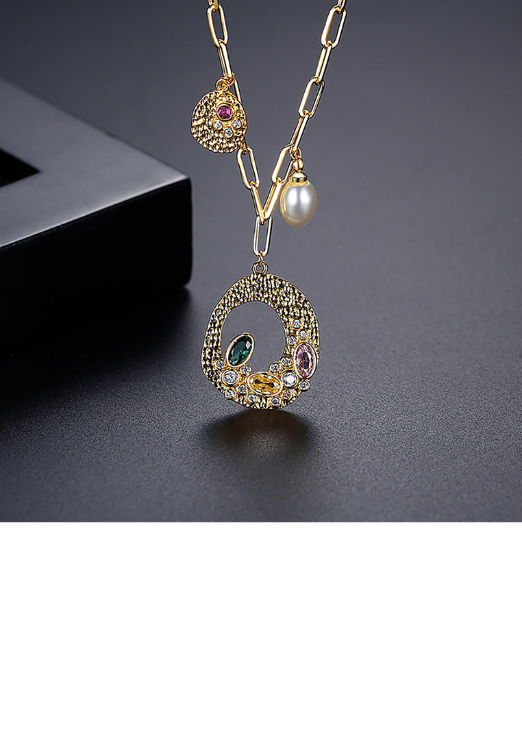 Fashion and Elegant Plated Gold Hollow Geometric Imitation Pearl Pendant with Colorful Cubic Zirconia and Necklace - Luxurious Look