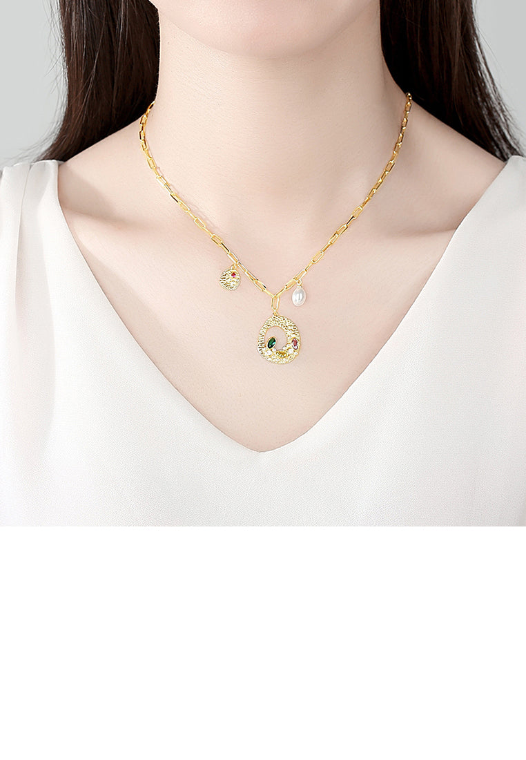 Fashion and Elegant Plated Gold Hollow Geometric Imitation Pearl Pendant with Colorful Cubic Zirconia and Necklace - Luxurious Look
