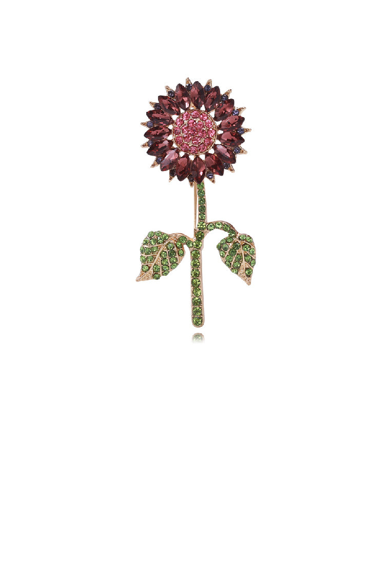 Fashion Brilliant Plated Gold Sunflower Brooch with Purple Cubic Zirconia - Luxurious Look