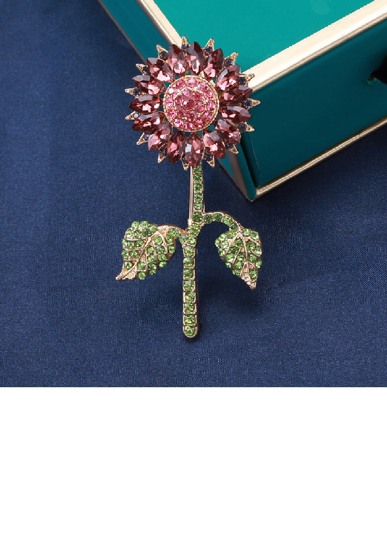 Fashion Brilliant Plated Gold Sunflower Brooch with Purple Cubic Zirconia - Luxurious Look