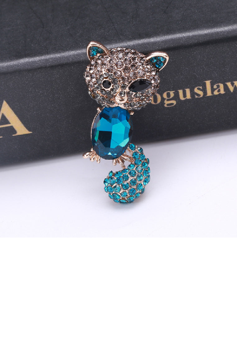 Lovely Brilliant Plated Gold Cat Brooch with Blue Cubic Zirconia - Luxurious Look