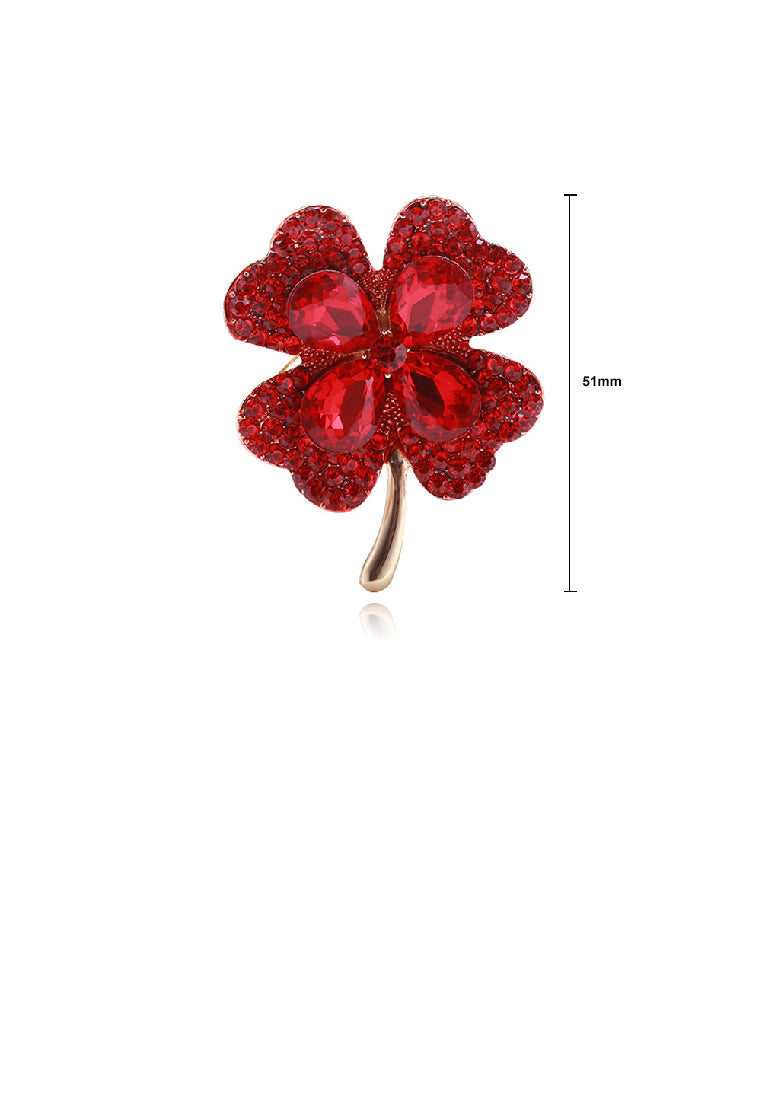 Fashion Brilliant Plated Gold Four-leafed Clover Brooch with Red Cubic Zirconia - Luxurious Look - Vibrant Color