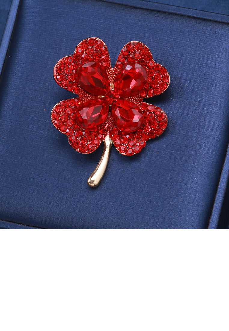 Fashion Brilliant Plated Gold Four-leafed Clover Brooch with Red Cubic Zirconia - Luxurious Look - Vibrant Color