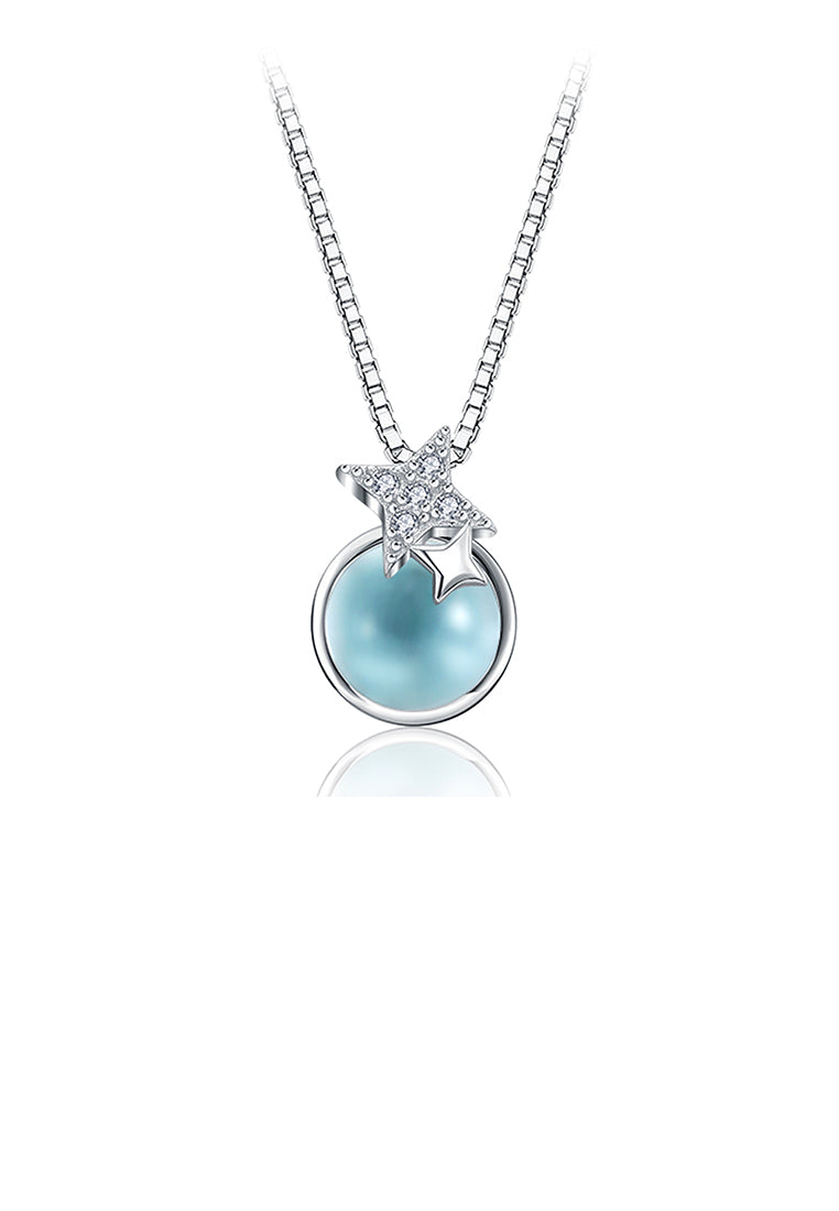 925 Sterling Silver Simple Fashion Star and Light Blue Glass Bead Pendant Necklace