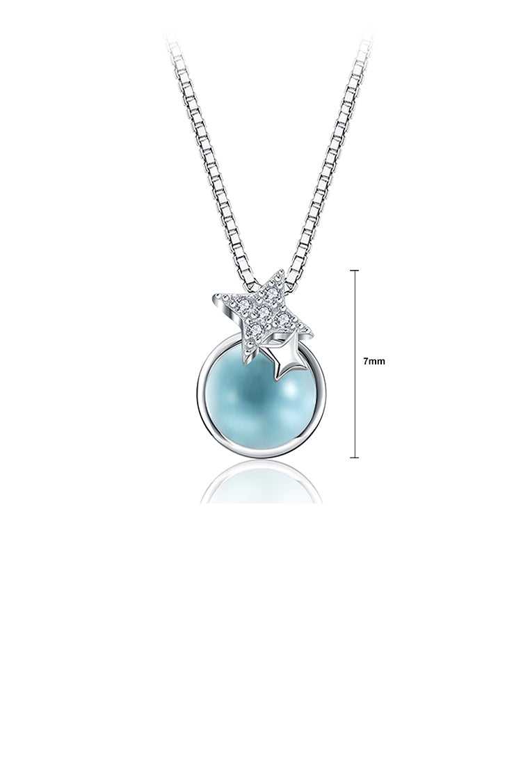 925 Sterling Silver Simple Fashion Star and Light Blue Glass Bead Pendant Necklace