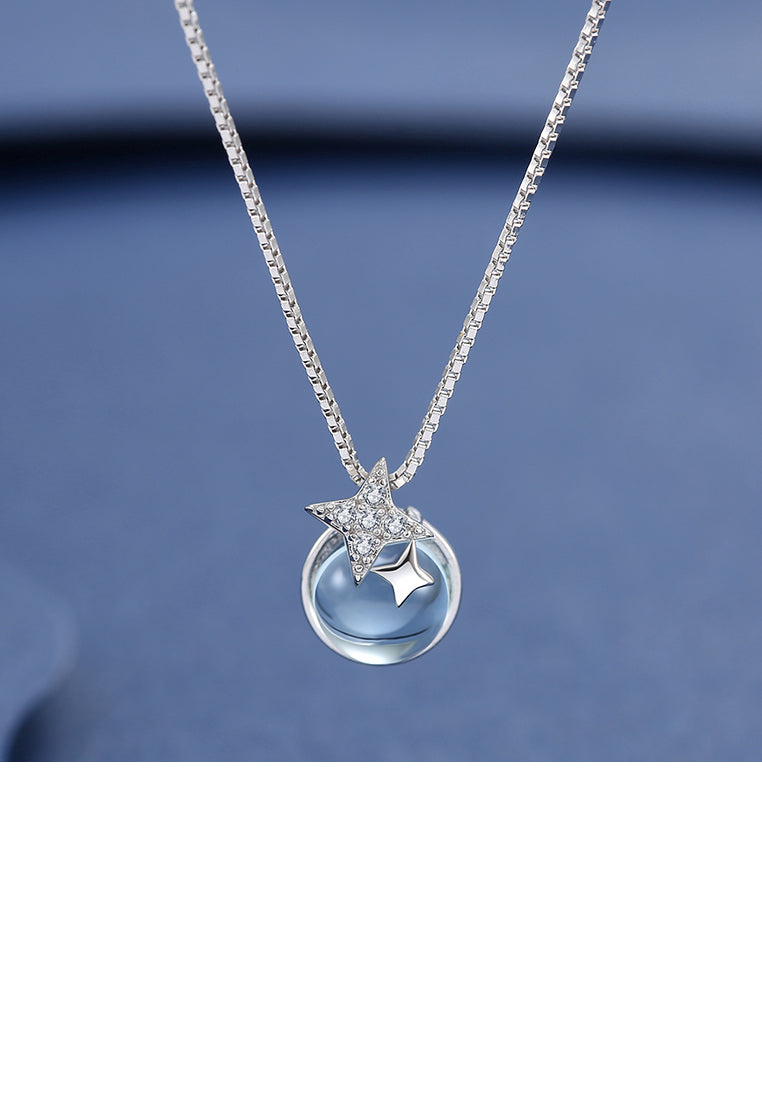 925 Sterling Silver Simple Fashion Star and Light Blue Glass Bead Pendant Necklace