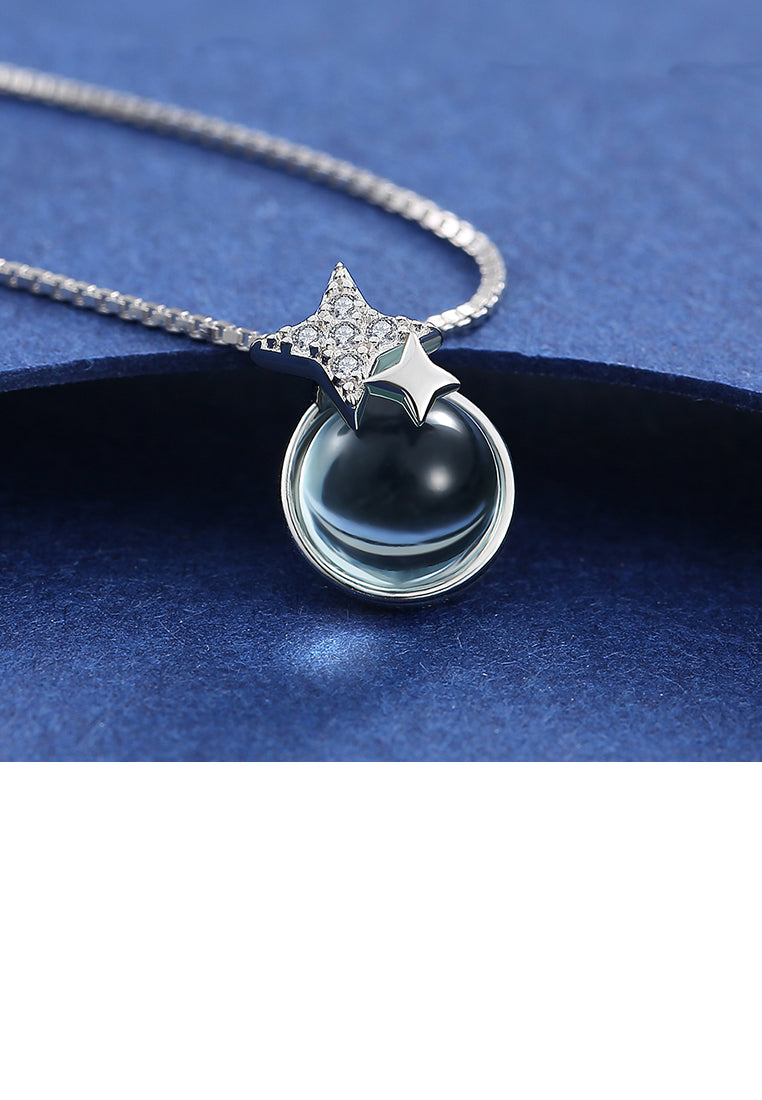 925 Sterling Silver Simple Fashion Star and Light Blue Glass Bead Pendant Necklace