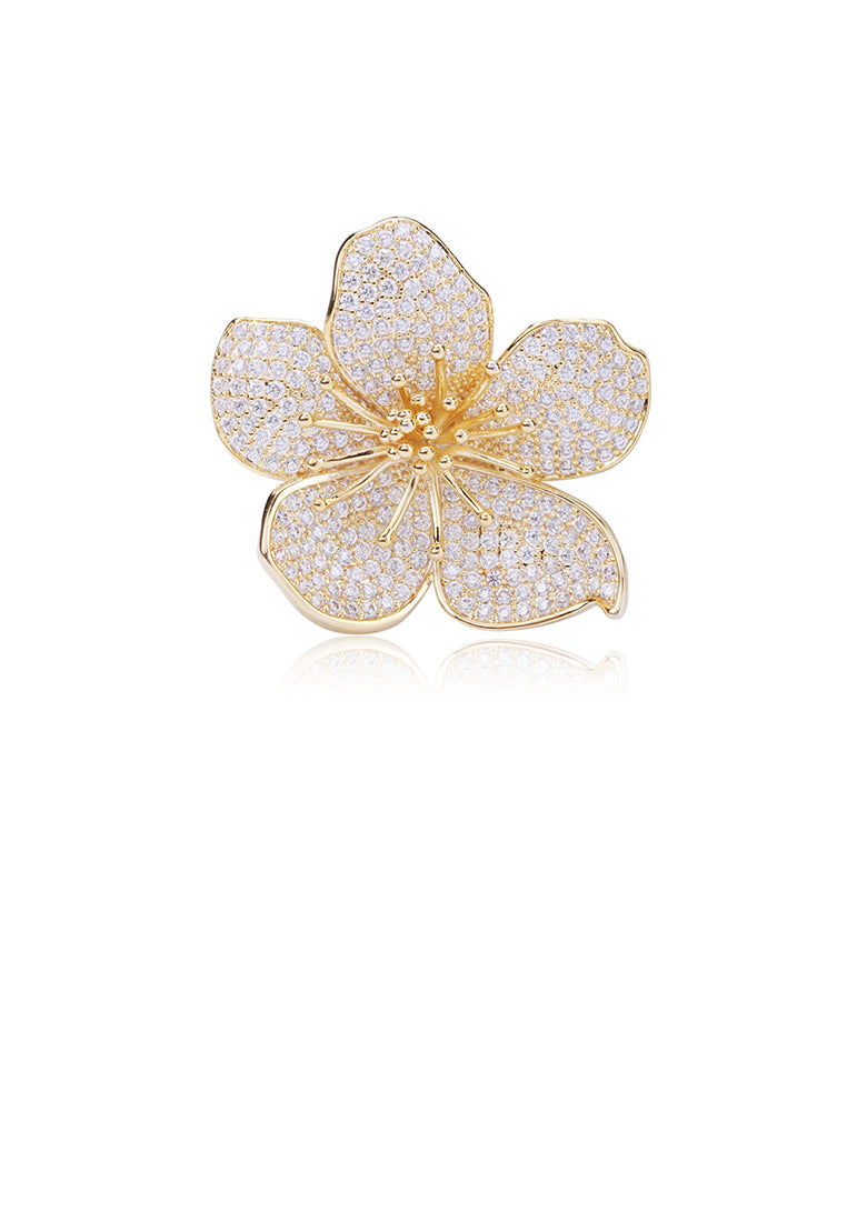 Elegant Brilliant Plated Gold Flower Brooch with Cubic Zirconia - Luxurious Look