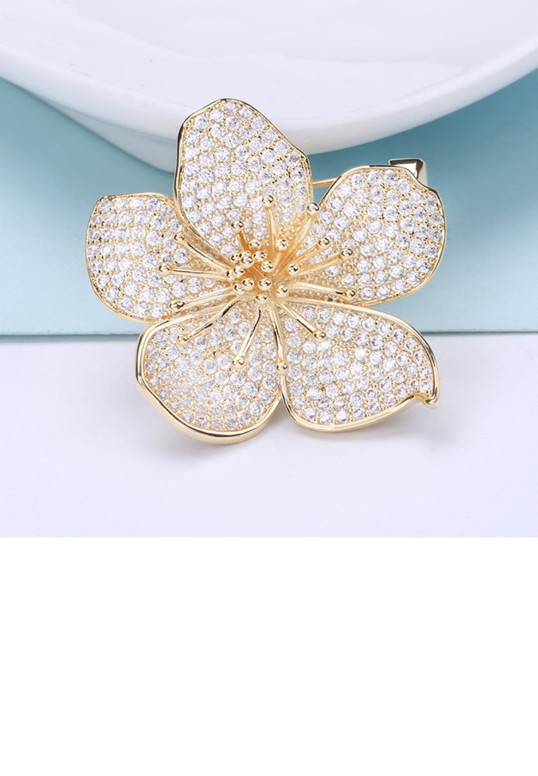 Elegant Brilliant Plated Gold Flower Brooch with Cubic Zirconia - Luxurious Look