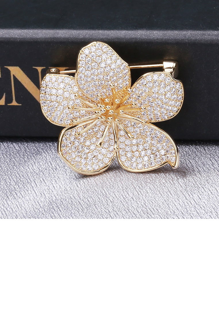 Elegant Brilliant Plated Gold Flower Brooch with Cubic Zirconia - Luxurious Look