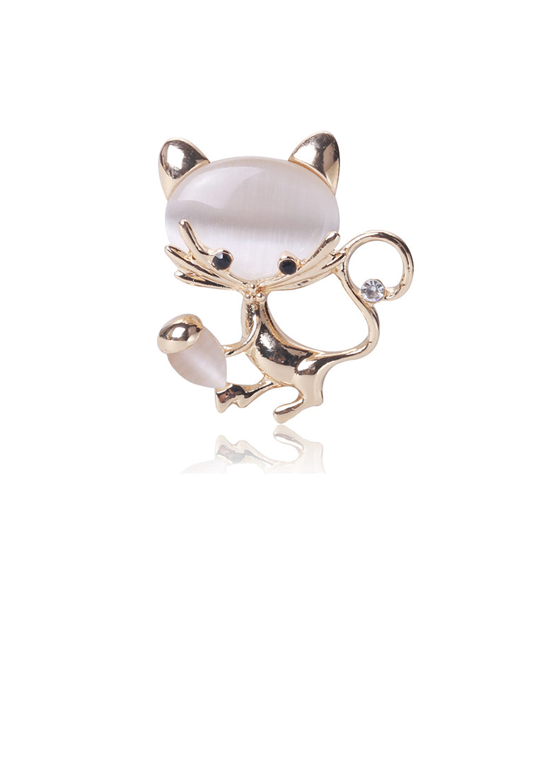 Simple and Cute Plated Gold Cat Imitation Opal Brooch with Cubic Zirconia - Luxurious Look