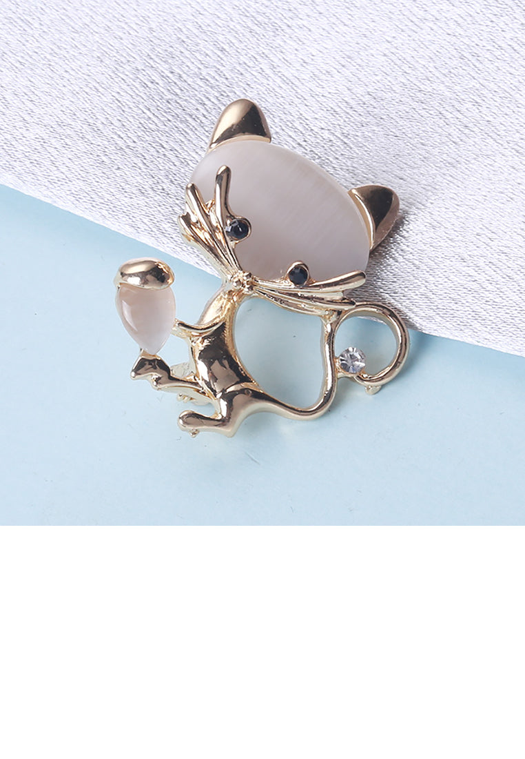 Simple and Cute Plated Gold Cat Imitation Opal Brooch with Cubic Zirconia - Luxurious Look