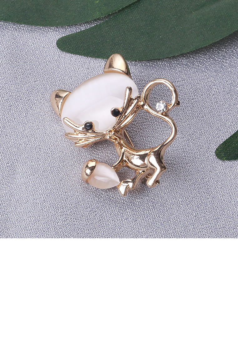 Simple and Cute Plated Gold Cat Imitation Opal Brooch with Cubic Zirconia - Luxurious Look