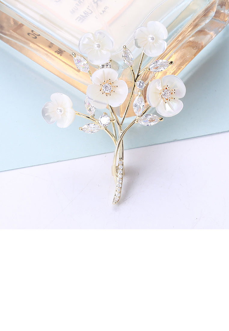 Fashion and Elegant Plated Gold Plum Brooch with Cubic Zirconia - Luxurious Look
