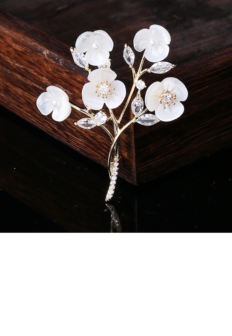 Fashion and Elegant Plated Gold Plum Brooch with Cubic Zirconia - Luxurious Look