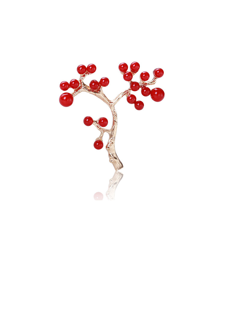 Simple and Elegant Plated Gold Plum Blossom Imitation Red Pearl Brooch - Luxurious Look - Vibrant Color