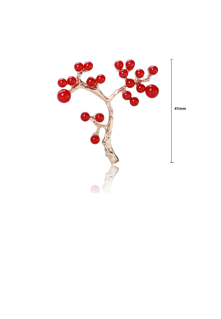 Simple and Elegant Plated Gold Plum Blossom Imitation Red Pearl Brooch - Luxurious Look - Vibrant Color