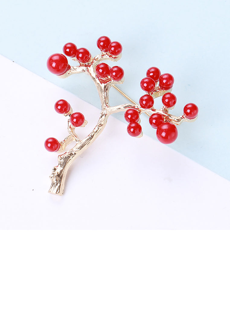 Simple and Elegant Plated Gold Plum Blossom Imitation Red Pearl Brooch - Luxurious Look - Vibrant Color