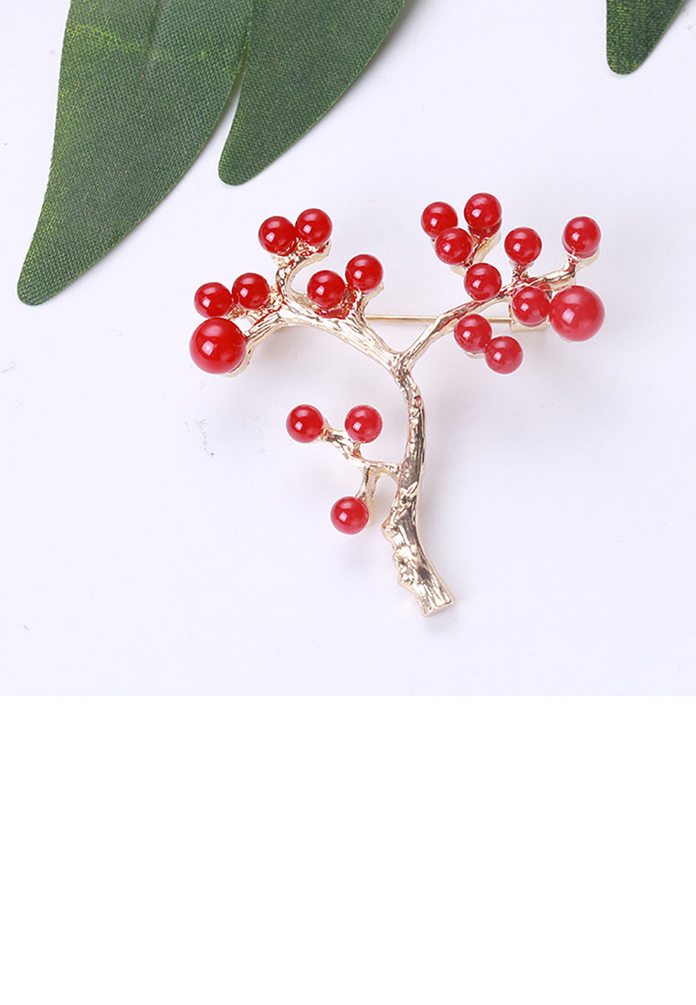 Simple and Elegant Plated Gold Plum Blossom Imitation Red Pearl Brooch - Luxurious Look - Vibrant Color