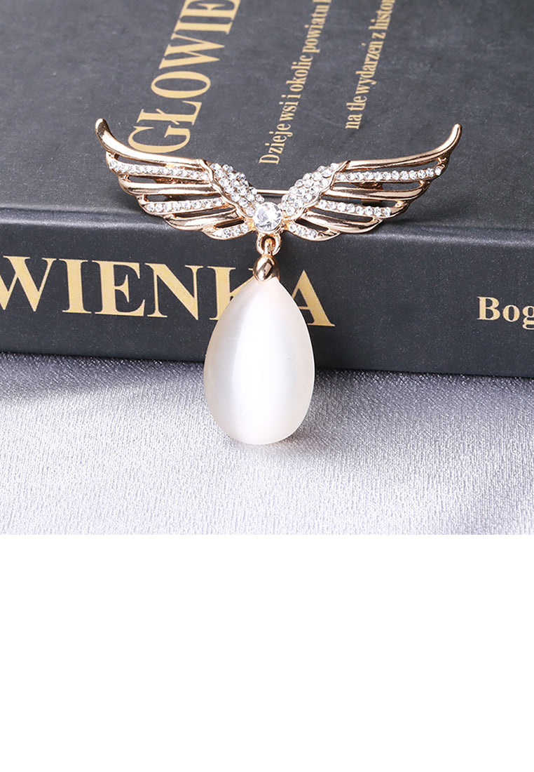 Fashion Temperament Plated Gold Angel Wings Imitation Opal Brooch with Cubic Zirconia - Luxurious Look