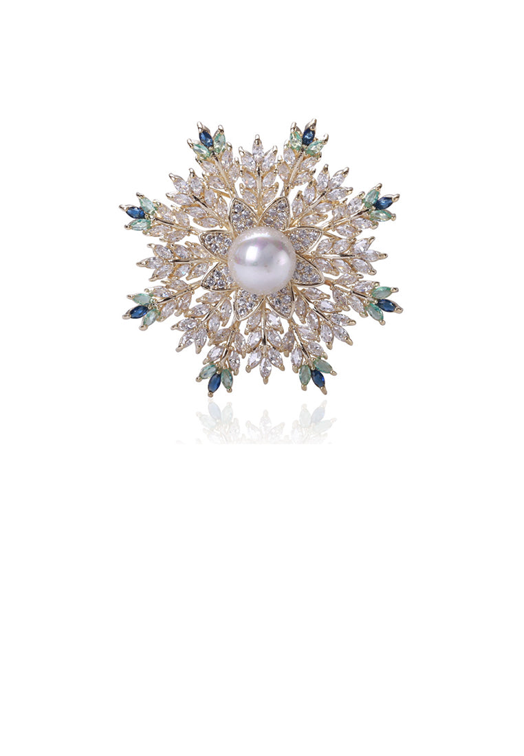 Fashion Bright Plated Gold Snowflake Imitation Pearl Brooch with Green Cubic Zirconia - Luxurious Look