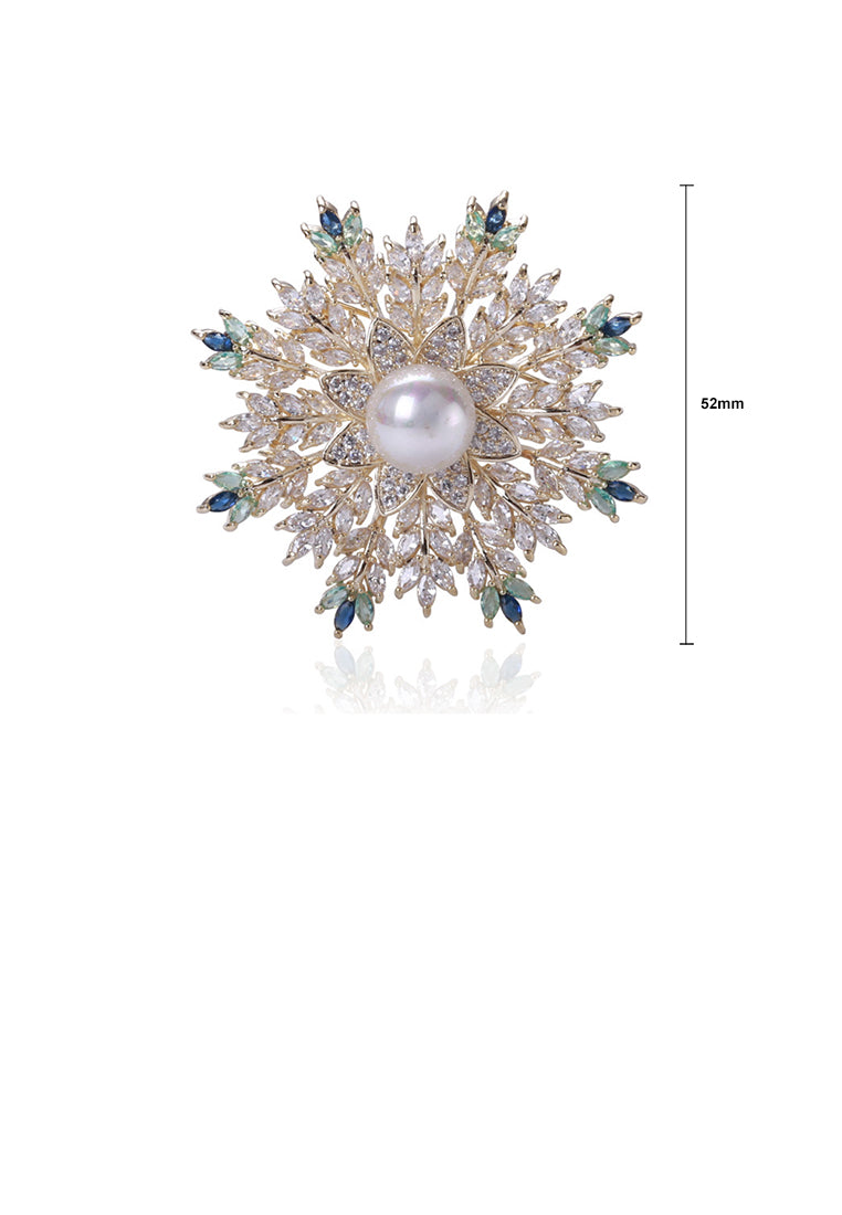 Fashion Bright Plated Gold Snowflake Imitation Pearl Brooch with Green Cubic Zirconia - Luxurious Look