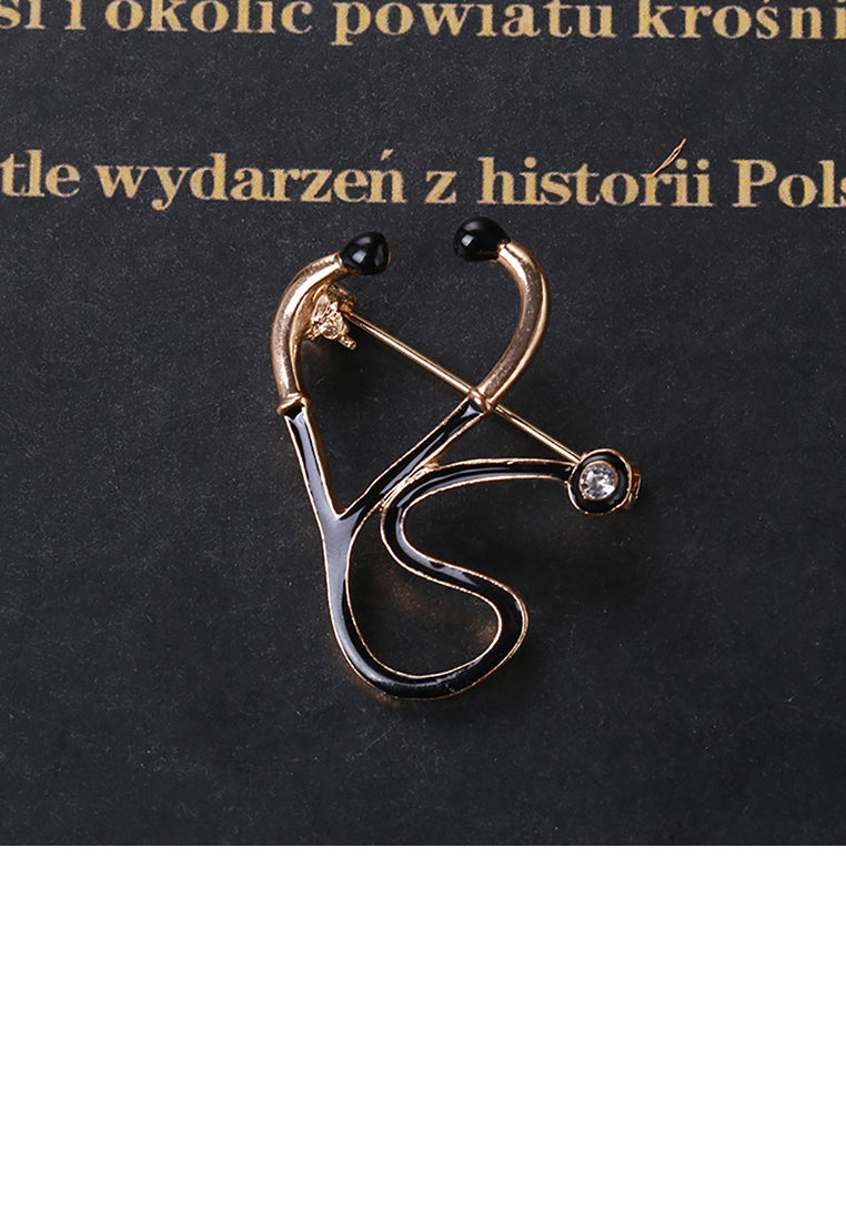 Fashion Personality Plated Gold Medical Stethoscope Brooch with Cubic Zirconia - Luxurious Look