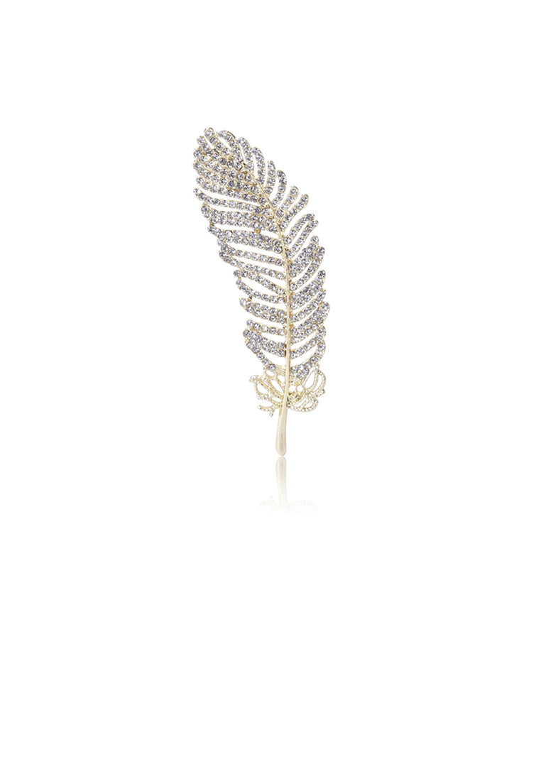 Simple and Fashion Plated Gold Feather Brooch with Cubic Zirconia - Luxurious Look