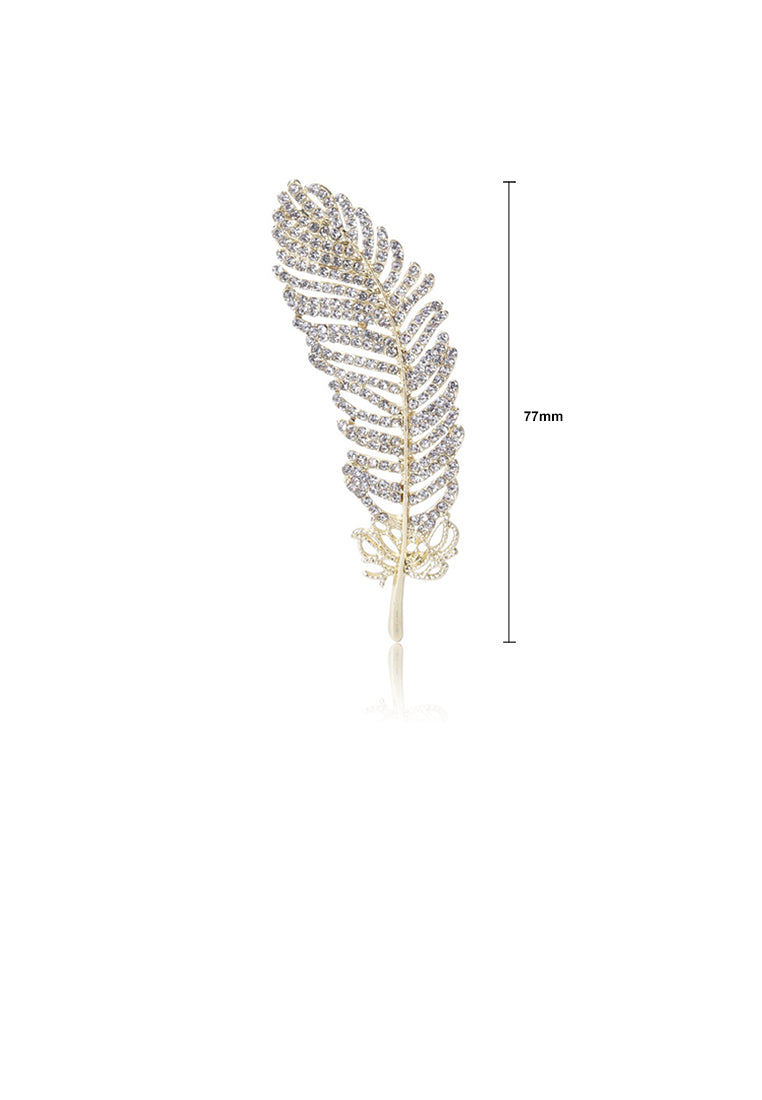 Simple and Fashion Plated Gold Feather Brooch with Cubic Zirconia - Luxurious Look
