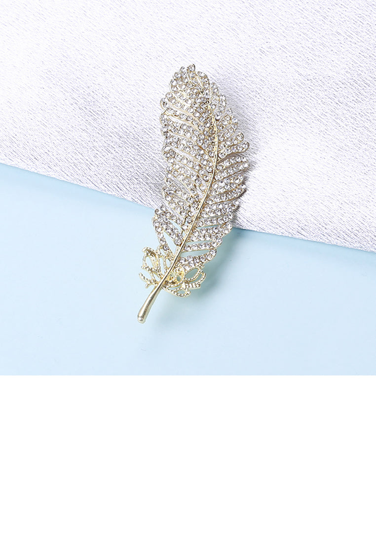 Simple and Fashion Plated Gold Feather Brooch with Cubic Zirconia - Luxurious Look