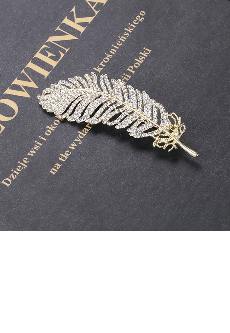 Simple and Fashion Plated Gold Feather Brooch with Cubic Zirconia - Luxurious Look