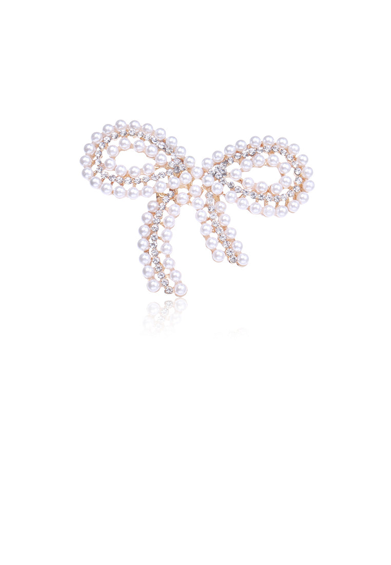 Fashion and Simple Plated Gold Ribbon Imitation Pearl Brooch with Cubic Zirconia - Luxurious Look