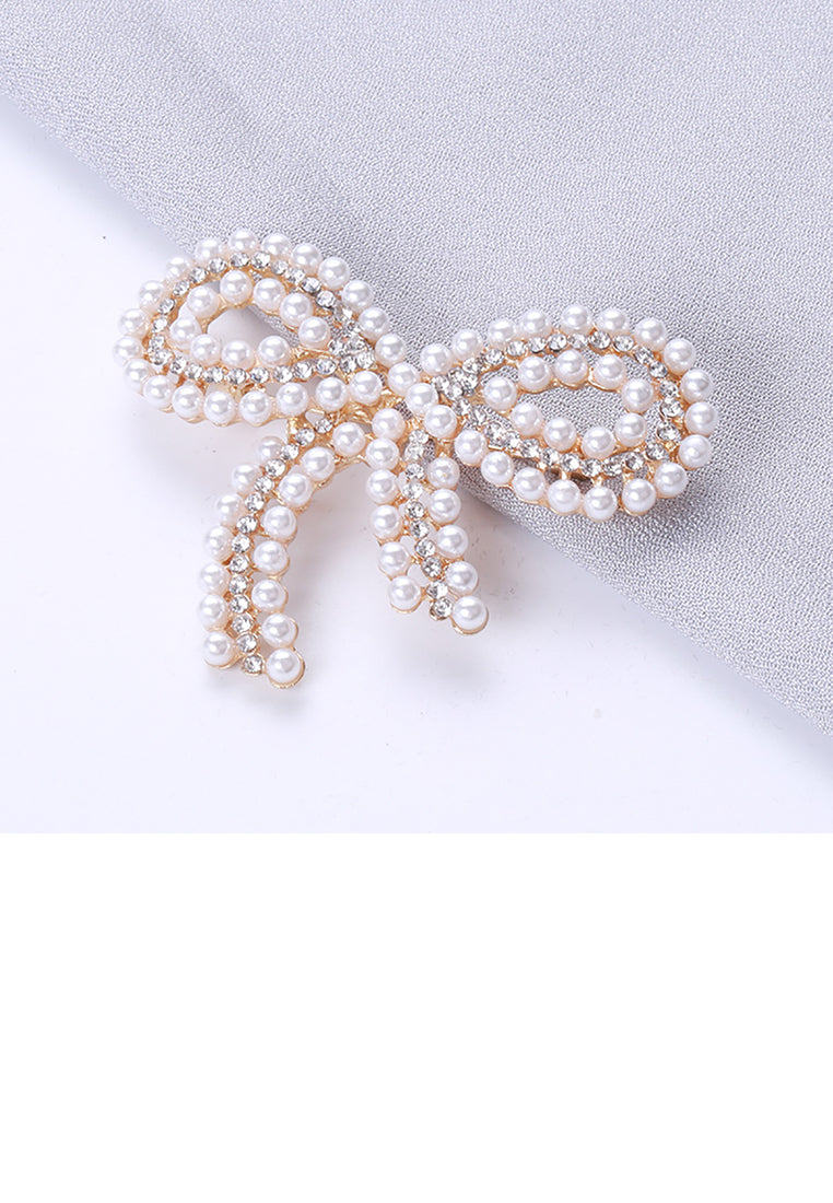 Fashion and Simple Plated Gold Ribbon Imitation Pearl Brooch with Cubic Zirconia - Luxurious Look