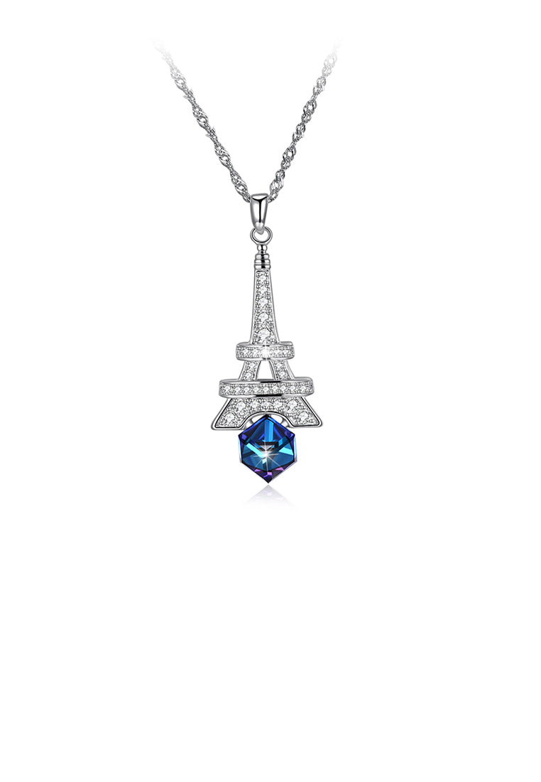 925 Sterling Silver Fashion Tower Pendant with Blue Austrian Element Crystal and Necklace