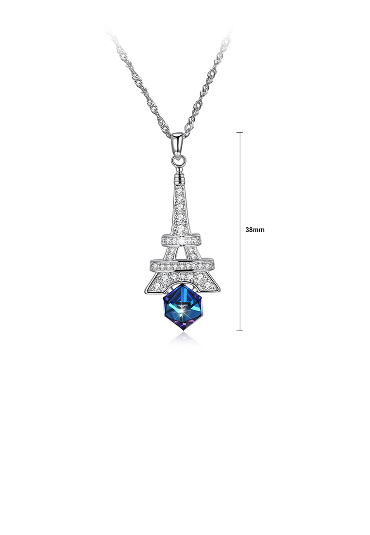 925 Sterling Silver Fashion Tower Pendant with Blue Austrian Element Crystal and Necklace