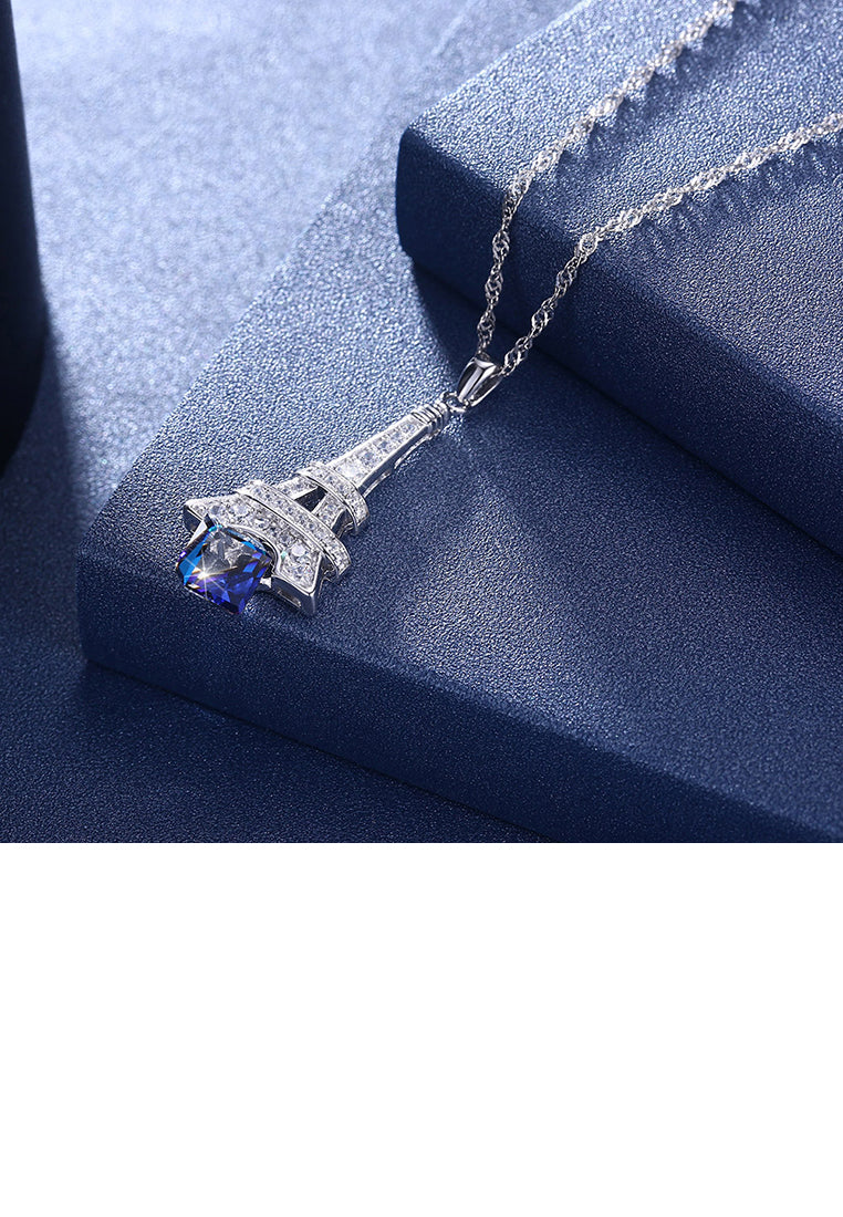925 Sterling Silver Fashion Tower Pendant with Blue Austrian Element Crystal and Necklace