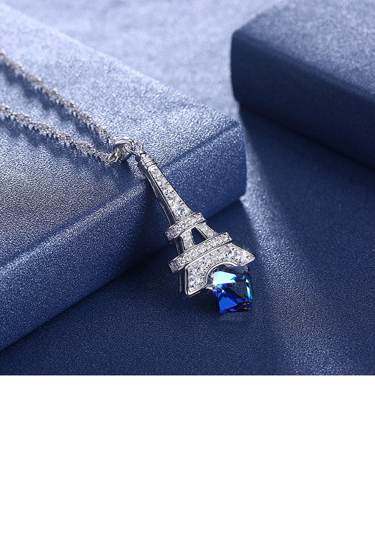 925 Sterling Silver Fashion Tower Pendant with Blue Austrian Element Crystal and Necklace