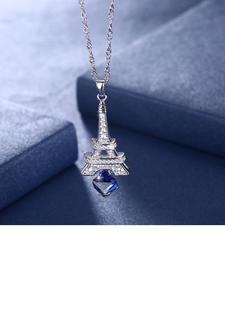 925 Sterling Silver Fashion Tower Pendant with Blue Austrian Element Crystal and Necklace