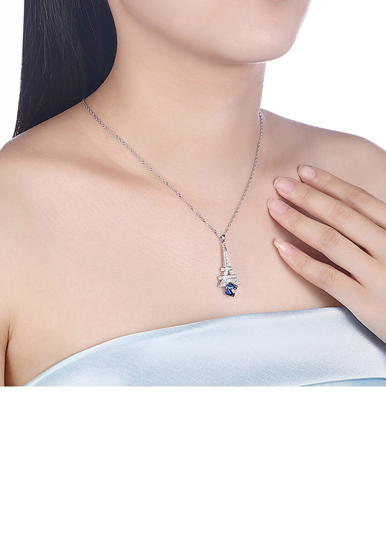 925 Sterling Silver Fashion Tower Pendant with Blue Austrian Element Crystal and Necklace