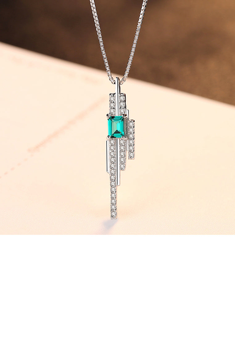 925 Sterling Silver Fashion and Elegant Geometric Tassel Green Cubic Zirconia Pendant with Necklace - Luxurious Look