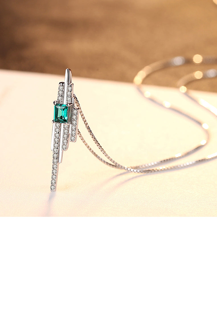 925 Sterling Silver Fashion and Elegant Geometric Tassel Green Cubic Zirconia Pendant with Necklace - Luxurious Look