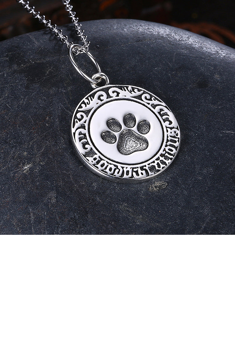 925 Sterling Silver Retro Fashion Round and Footprint Pendant and Necklace