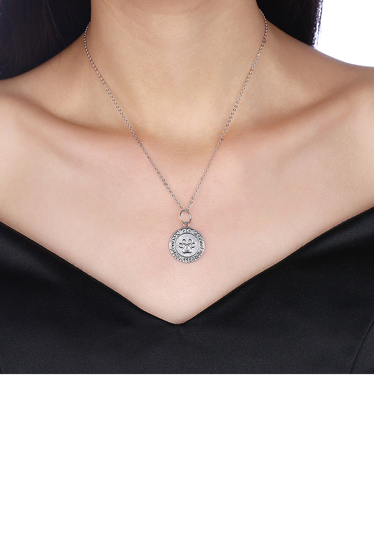925 Sterling Silver Retro Fashion Round and Footprint Pendant and Necklace