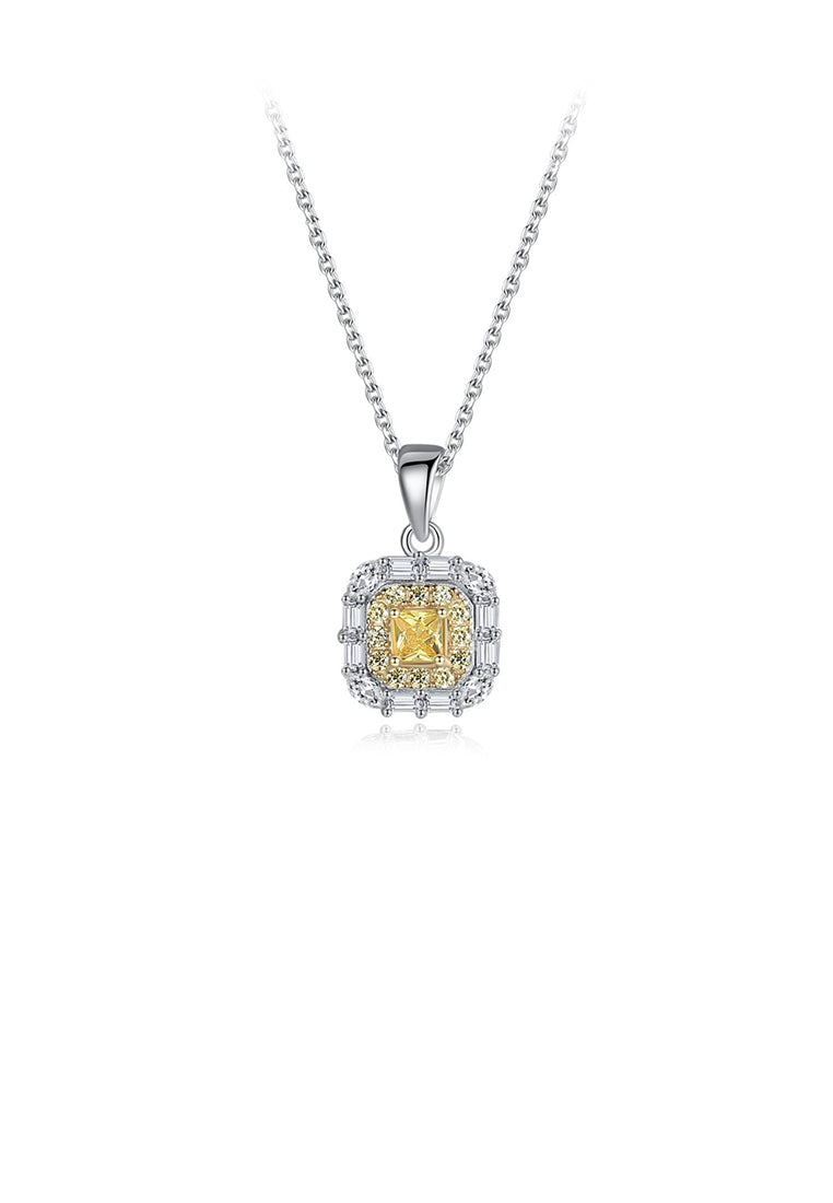 925 Sterling Silver Fashion and Elegant Geometric Square Yellow Cubic Zirconia Pendant with Necklace - Luxurious Look