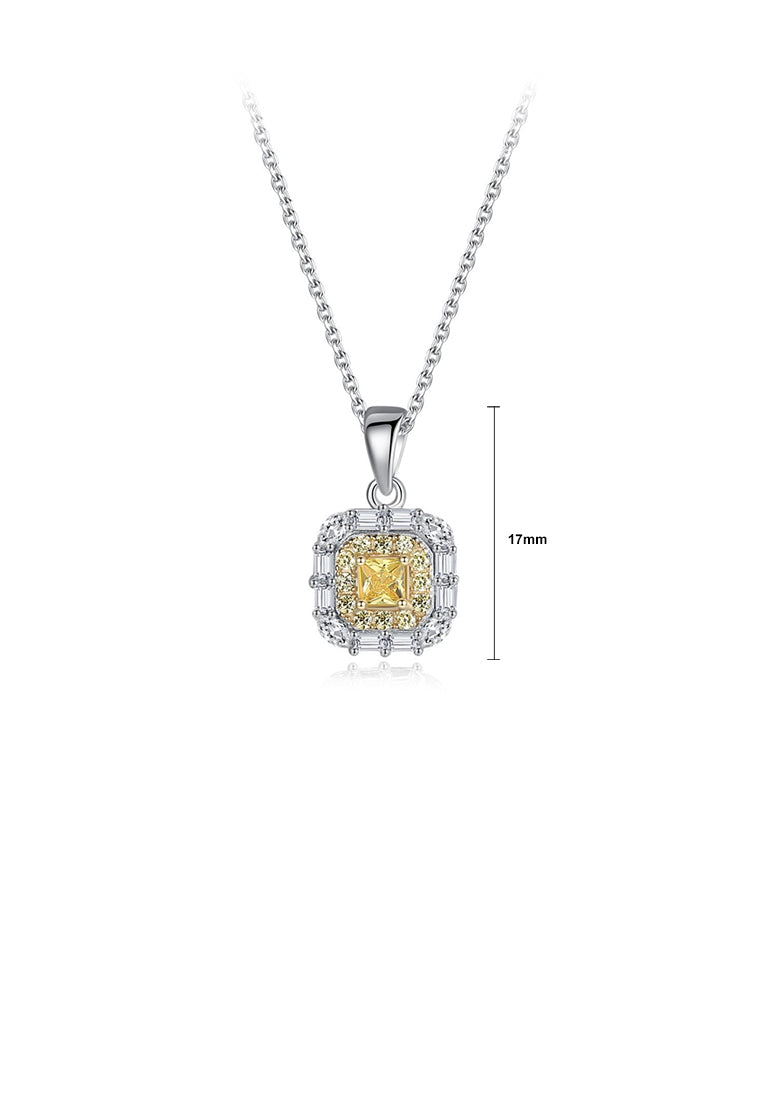 925 Sterling Silver Fashion and Elegant Geometric Square Yellow Cubic Zirconia Pendant with Necklace - Luxurious Look